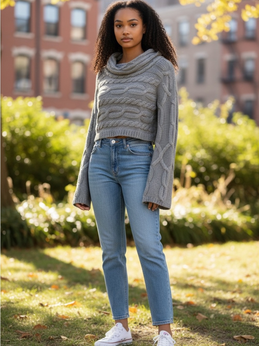 Gray Cowl Neck Cropped Cable Knit Sweater Size S